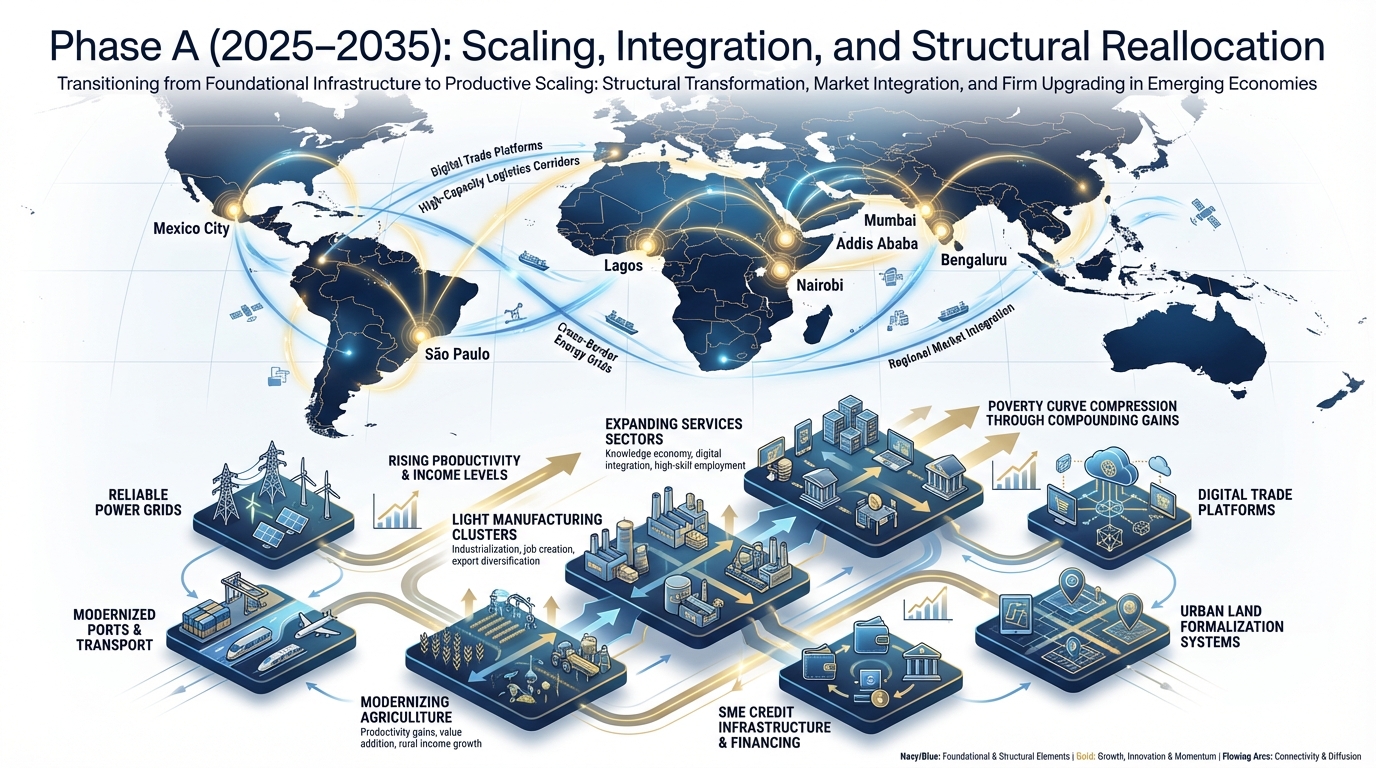 Phase A infographic showing global economic development pathways across emerging economies
